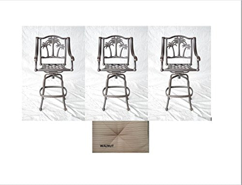 Palm Tree Outdoor Patio Set 3pc Swivel Barstools 30" H Dark Bronze Cast Aluminum (30", Walnut Cushions)