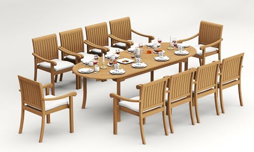 TeakStation 10 Seater Grade-A Teak Wood 11 Pc Dining Set: 94" Double Extension Oval Table and 10 Napa Stacking Arm Chairs #31NP2210