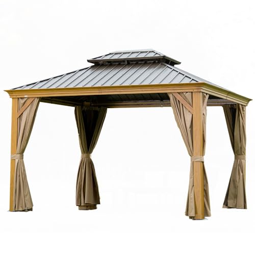 12x14 Hardtop Gazebo with Aluminum Frame and Galvanized Steel Roof for Outdoor Patio Deck or Lawn Use Wood-Look Design