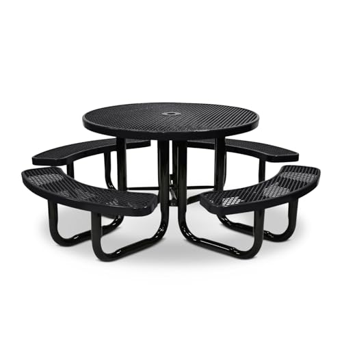 Coated Outdoor Furniture 46In Round Picnic Table, Expanded, Black