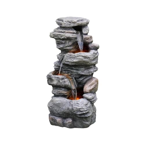 HIONJIN Outdoor Cascading Bowls and Stacked Stones LED Outdoor Water Fountain for Outdoor Living Spaces
