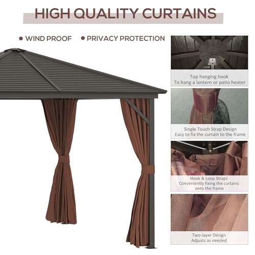 Outsunny 10' x 10' Hardtop Gazebo with Curtains and Netting Coffee Brown