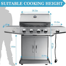 4-Burner Propane Gas BBQ Grill with Side Burner, 40,000 BTU Output Charcoal and Propane Gas Dual Fuel Grill with two charcoal trays and Side Tables for Outdoor Cooking Kitchen