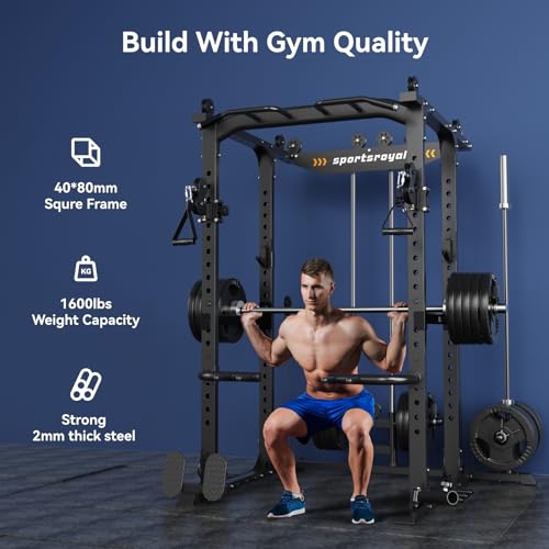 Sportsroyals Power Cage Multi-Function Power Rack with Adjustable Cable Crossover System Grey