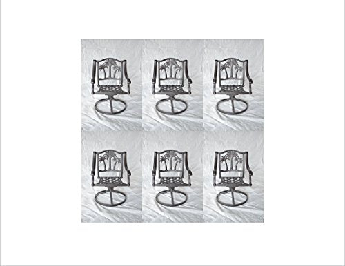 Palm Tree Outdoor Patio 6 Swivel Rocker Dining Chairs Dark Bronze Cast Aluminum (Walnut Cushions)