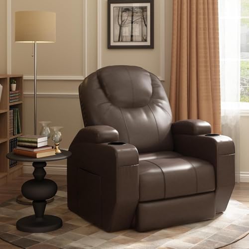 UOPYNE Power Lift Recliner Chair with Heat and Massage, Faux Leather Electric Recliner with Cup Holders and Side Pockets, Comfortable Living Room Seating with Remote Control, Brown