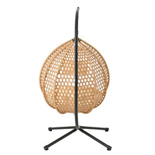 Hanging Egg Swing Chair Stand, Foldable Woven HDPE Basket Seat, Plush Removable Polyester Cushion, Rust-Resistant Chain, Reinforced Iron Base, Non-Slip PP Pads, Indoor Outdoor Lounger (Brown+Beige)
