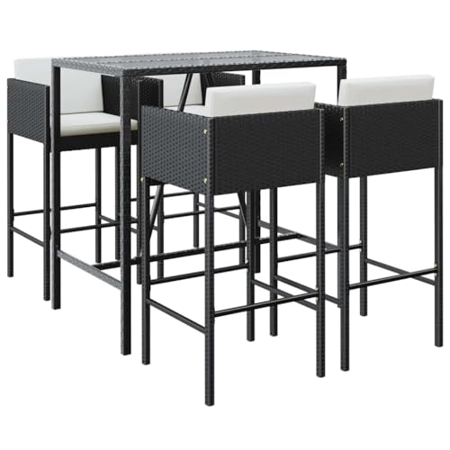 fsahslih 5-Piece Outdoor Patio Bar Set with Glass Table & Cushions Black