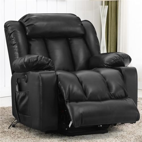 Power Lift Recliner Chair for Elderly Adults, Electric Stand Assist Sofa with Massage and Heat, Comfortable Breathable Leather Lounge Seat with USB Charging Ports and Cup Holders