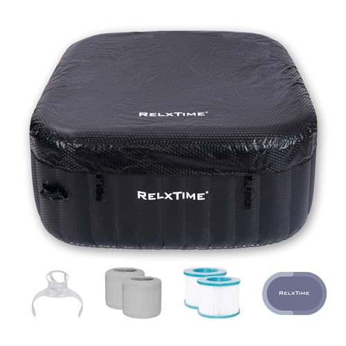 RELXTIME Inflatable Hot Tub 2-3 Person 110 Air Jets, Portable Blow Up Hottub for Backyard, Built in Heater Pump, Square Outdoor Spa, Cup Holder, 2 Filters, Black