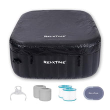 RELXTIME Inflatable Hot Tub 2-3 Person 110 Air Jets, Portable Blow Up Hottub for Backyard, Built in Heater Pump, Square Outdoor Spa, Cup Holder, 2 Filters, Black