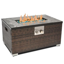 SENJOYS 32'' Fire Pit Table with Natural Gas Conversion Kit, Marble Textured Ceramic Tabletop, 50,000 BTU Fire Table with Brown Wicker, Rectangle, Tank Required to Be Kept Outside.