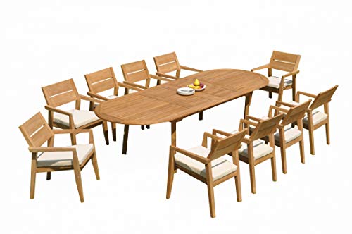 11 PC A Grade Outdoor Patio Teak Dining Furniture Set - 117" Double Extension Oval Table & 10 Cellore Stacking Arm Chairs