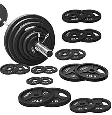 Signature Fitness Cast Iron Olympic Weight Plates & Barbell Set 325LB with Barbell