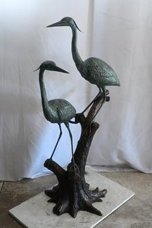 Nifao Heron Bird Pair on Driftwood Medium Bronze Statue, 25"L x 20"W x 52"H