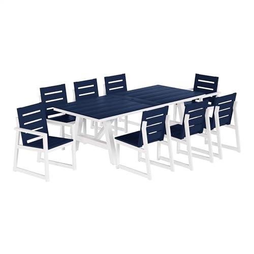 WestinTrends Cape May 9-Piece HDPE Outdoor Furniture Patio Dining Table with Umbrella Hole and Chairs Set for 8, Navy Blue