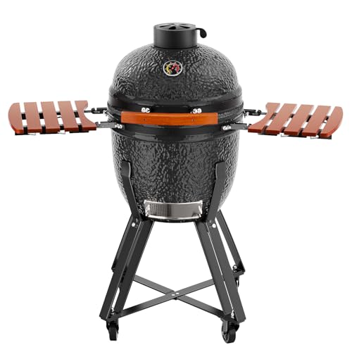 ROOMTEC 18-Inch Kamado Ceramic Charcoal Grill Portable with Cart and Side Shelves Black-B