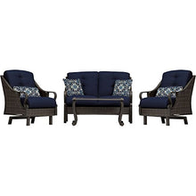 Hanover Ventura Outdoor 4-Piece Patio Furniture Set with Loveseat, 2 Rocking Chairs, Navy Cushions and Ceramic Tile Coffee Table Navy