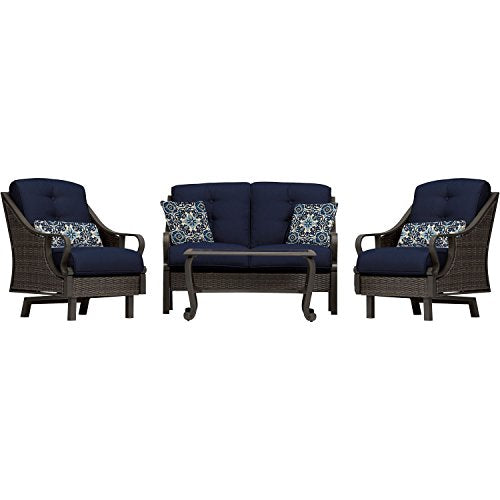 Hanover Ventura Outdoor 4-Piece Patio Furniture Set with Loveseat, 2 Rocking Chairs, Navy Cushions and Ceramic Tile Coffee Table Navy