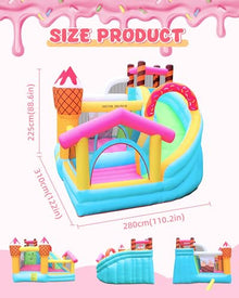 Doctor Dolphin Inflatable Bounce House Ice Cream Doughnut Party with Blower, Slide & Ball Pool Pink and Yellow