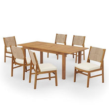 Merax Outdoor Acacia Wood Dining Set of 7, Patio 78.75" Large Expandable Dining Table with Umbrella Hole, 6 Dining Chairs with Wicker Back and Cushions for Deck, Yard, Porch,Cream+Teak
