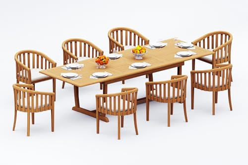 TeakFurnitureOutlet A-Grade Teak 9pc Dining 118 Mas Rectangle Table Lenong Arm Chairs Set Outdoor