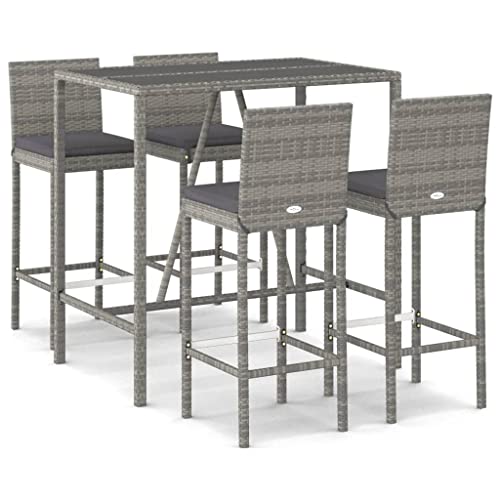 Fisinber 5 Piece Outdoor Bar Set Grey PE Rattan Rectangular Table 43.3" with 4 Stools & Footrest, Modern Design, Powder-Coated Steel Frame for Garden Patio Balcony Dining or Small Backyard Gathering