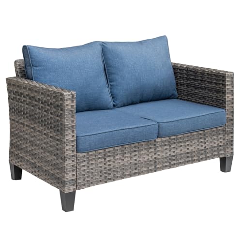 HOOOWOOO Outdoor Patio Loveseat, Handwoven PE Wicker 2-Seater Sofa with High-Density Foam Cushions, All-Weather Conversation Seating