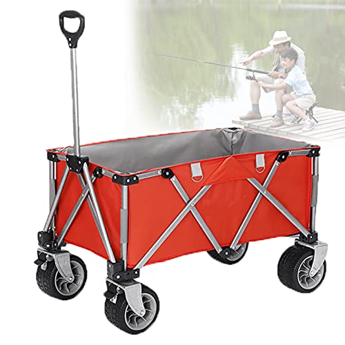 Heavy Duty Beach Wagon, Utility Outdoor Camping Garden Cart, Compact Handcart Portable Shopping Carts Wheelbarrow with Brake Garden Wagon Cart for Equipment Tailgating Beach Trip (red)