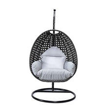 LeisureMod Charcoal Wicker Rattan Hanging Egg Swing Chair for Indoor Outdoor Bedroom Patio with Stand and Cushion (Light Grey)