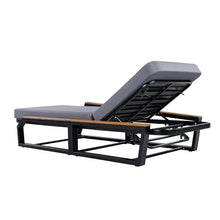 Merax 4-Piece Outdoor Patio Adjustable Chaise Lounge Set, Black Iron Frame with Teak Wood Armrests, Grey Waterproof Fabric Cushion, 500 lbs Capacity, Reclining Lounger for Poolside, Backyard