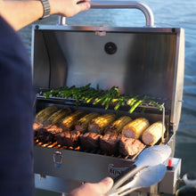 Bunker Up Fishin Stainless Steel Boat Grill with Pontoon Railing Mount - Fits 1 1/4″ Square Rail - Great for Boating and Camping, 12000 BTU, 277 sq.in Grilling Space and 87 sq.in Warming Rack