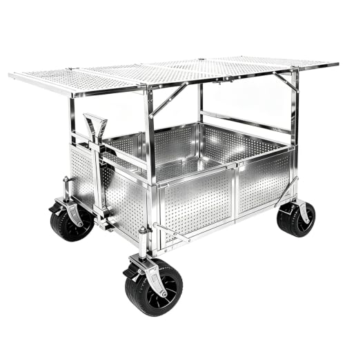 Foldable Rolling Vendor Cart for Outdoor Camping, Stainless Steel Utility Wagon with Detachable Table, Garden Trolley with 360°