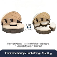 BAIESTWANG Outdoor Rattan Round Daybed with Canopy, Bali Patio Lounge Sofa Bed with Lift Coffee Table, 4-Piece Clamshell Sectional Seating, Removable Washable Cushions Beige