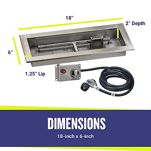 American Fire Products | 18" x 6" Rectangular Drop-in Fire Pit Pan with Electric Ignition System Kit, CSA | Stainless Steel, Use in Outdoor Fire Pit | for Natural Gas or Propane Fires