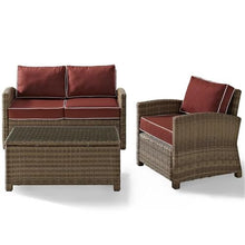 Pemberly Row 3 Piece Wicker Patio Sofa Set, Brown and Sangria Finish, All-Weather Resin Wicker, Steel Frame, UV-Resistant Cushions, Includes Loveseat, Armchair, Coffee Table, Outdoor Seating for Patio