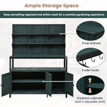 Potting Bench with Hutch, 50.2" Solid Fir Wood Garden Workstation, Large Countertop, 2 Shelves, 2 Cabinets, 3 Side Hooks, Outdoor Planting Table for Gardening, Forest Green