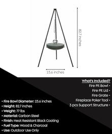 eldimer no.04 - Wood Burning Carbon Steel Fire Pit 23.6" - Industrial Outdoor Fire Bowl for Backyard and Patio