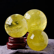 FOTCFATEV Yellow Quartz Crystal Sphere Gemstone Ball Divnation Feng Shui with Wooden Stand Sculpture Figurine for Home Office Decoration,100mm