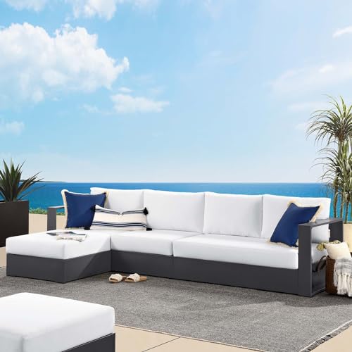 Modway Tahoe Modular Aluminum 3-Piece Outdoor Patio Furniture Gray White, Left-Facing Sectional Sofa Set with Weather-Resistant Cushions, Ideal for Deck, Backyard, Poolside