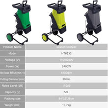 2400w Electric Wood Chipper Shredder Mulcher,4500rpm,40mm Capacity,50l Bag