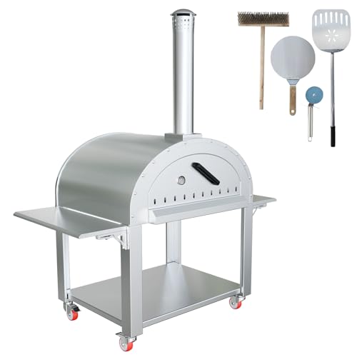 Wood-Fired Outdoor Pizza Oven - Stainless Steel 2-Layer,Portable Stainless Steel Charcoal Pizza Oven with Wheels for Backyard Parties, Camping - 44x32x80 inch