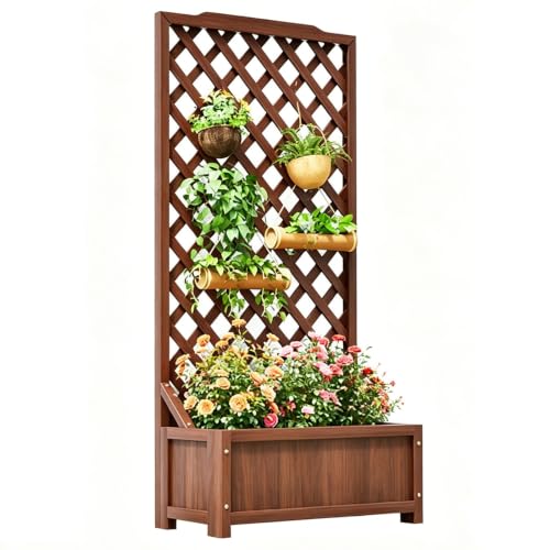 Solid Wood Planter Box with A 40cm Deep Base, Freestanding Trellis for Climbing Plants, Reinforced Mortise-and-tenon Construction, Suitable for Outdoor Gardens