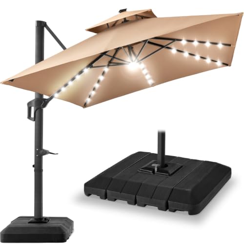OROTLECT 12X12ft 2-Tier Square Outdoor Solar LED Cantilever Umbrella W/ 360-Rotating Base - Tan