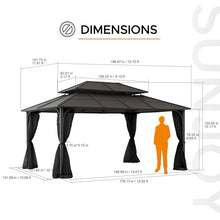 Sunjoy Hardtop Gazebo 12x16 ft Outdoor Heavy Duty Steel Frame Double Tiered with Ceiling Hook and Removable Netting Brown
