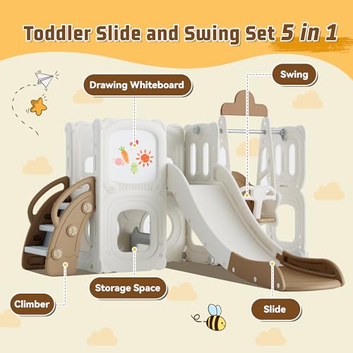 CUAUC 5-in-1 Toddler Slide and Swing Set with Drawing Whiteboard Coffee