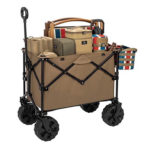 Folding Utility Wagon Cart Outdoor with Brake, Collapsible 190L Large Capacity Heavy Duty Outdoor Camping Garden Cart, Beach Wagon with Front Universal Wheels & Adjustable Handle,A