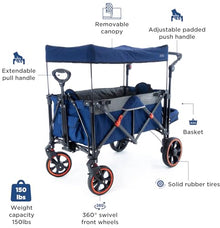 Creative Outdoor Push Pull All-Terrain Collapsible Folding Stroller Wagon for Kids, 150lbs Weight Capacity, Platinum Series, Beach, Park, Garden & Tailgate, (Navy Blue)