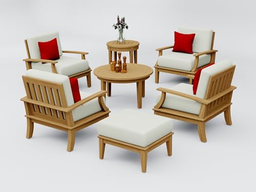 TeakStation 7 Pc Teak Wood Lounge Chair Set: 4 Lounge Chairs, Ottoman, Round Coffee Table & Round Side Table with Cushions in Outdoor Sunbrella Fabric #5404 Canvas Natural