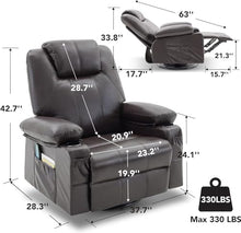 UOPYNE Power Recliner Chair for Elderly with Massage Heat, Brown Breathable Leather Swivel Recliner with Side Pocket, Comfortable Living Room Chair, Cup Holders, USB Ports
